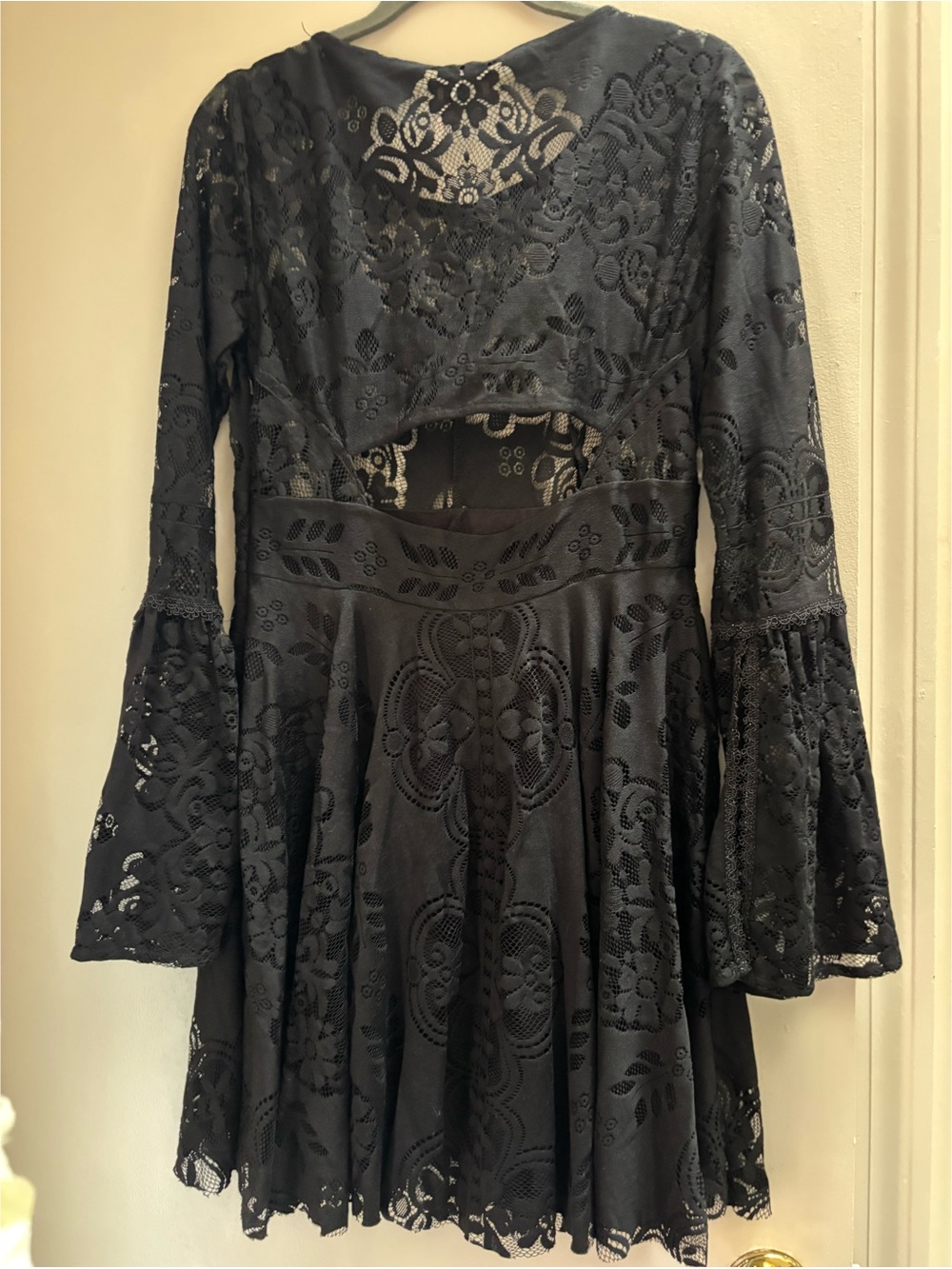 Free People Black Long Bell
Sleeve Lace Dress, Open Lower Back -Size 6